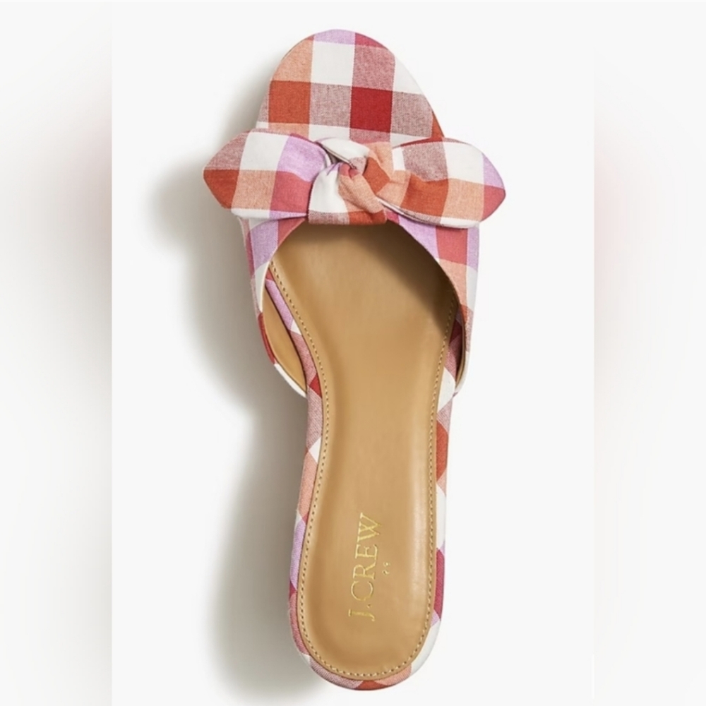 J. Crew Printed Plaid Clog Bow Heels Sandals Slide Sz 8 New Box Red White Purple - Picture 2 of 13